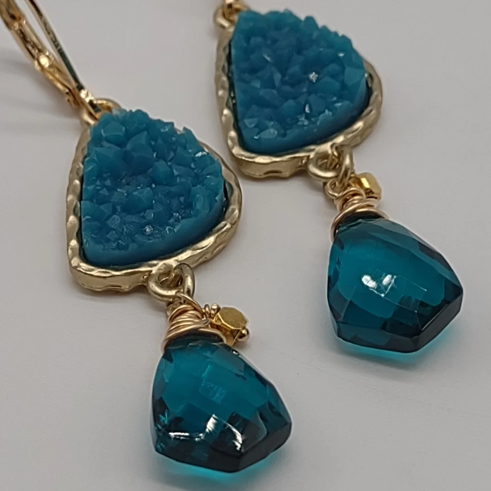 Sterling Silver Vermeil Teal Quartz Drop Earrings - Picture 5 of 10